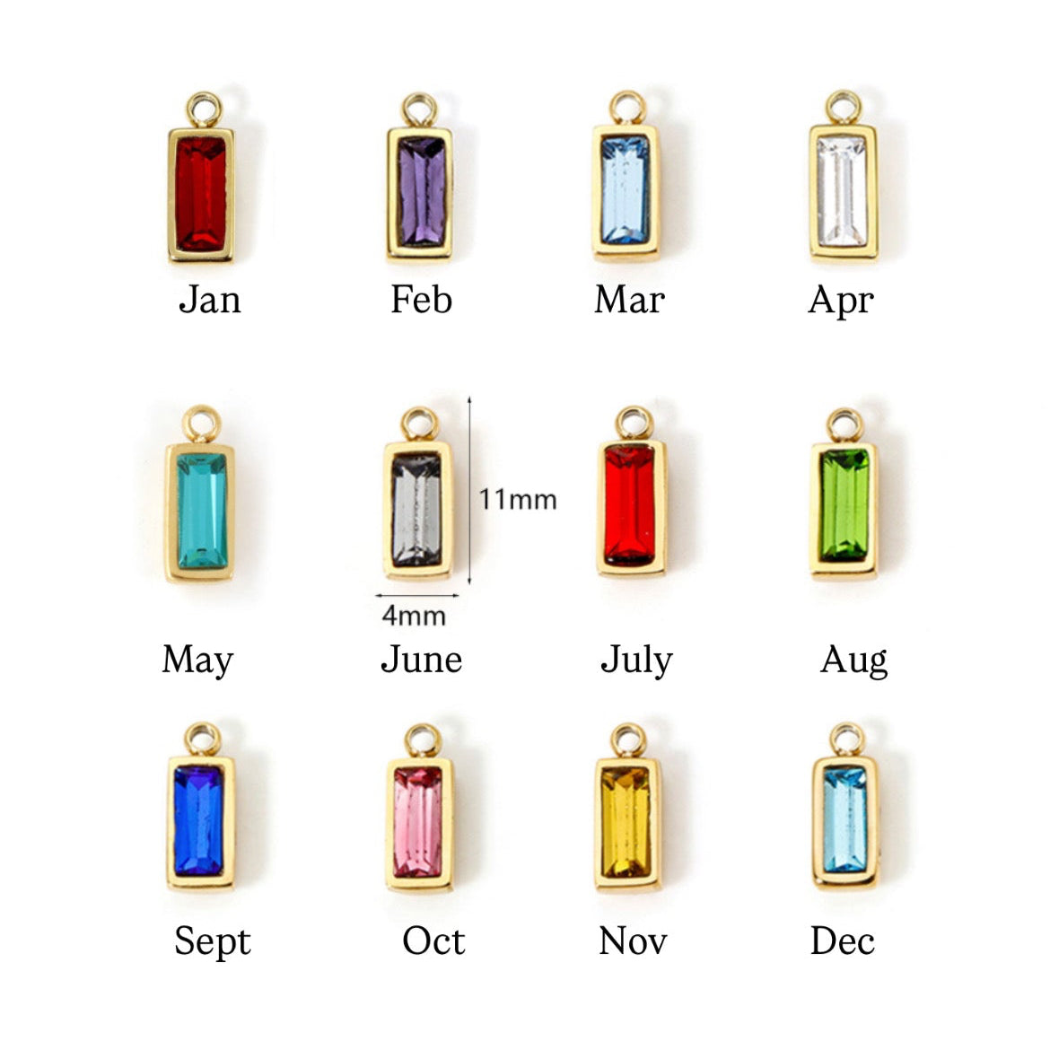 Pendant charms with color swatches labeled for each month of the year on a white background.